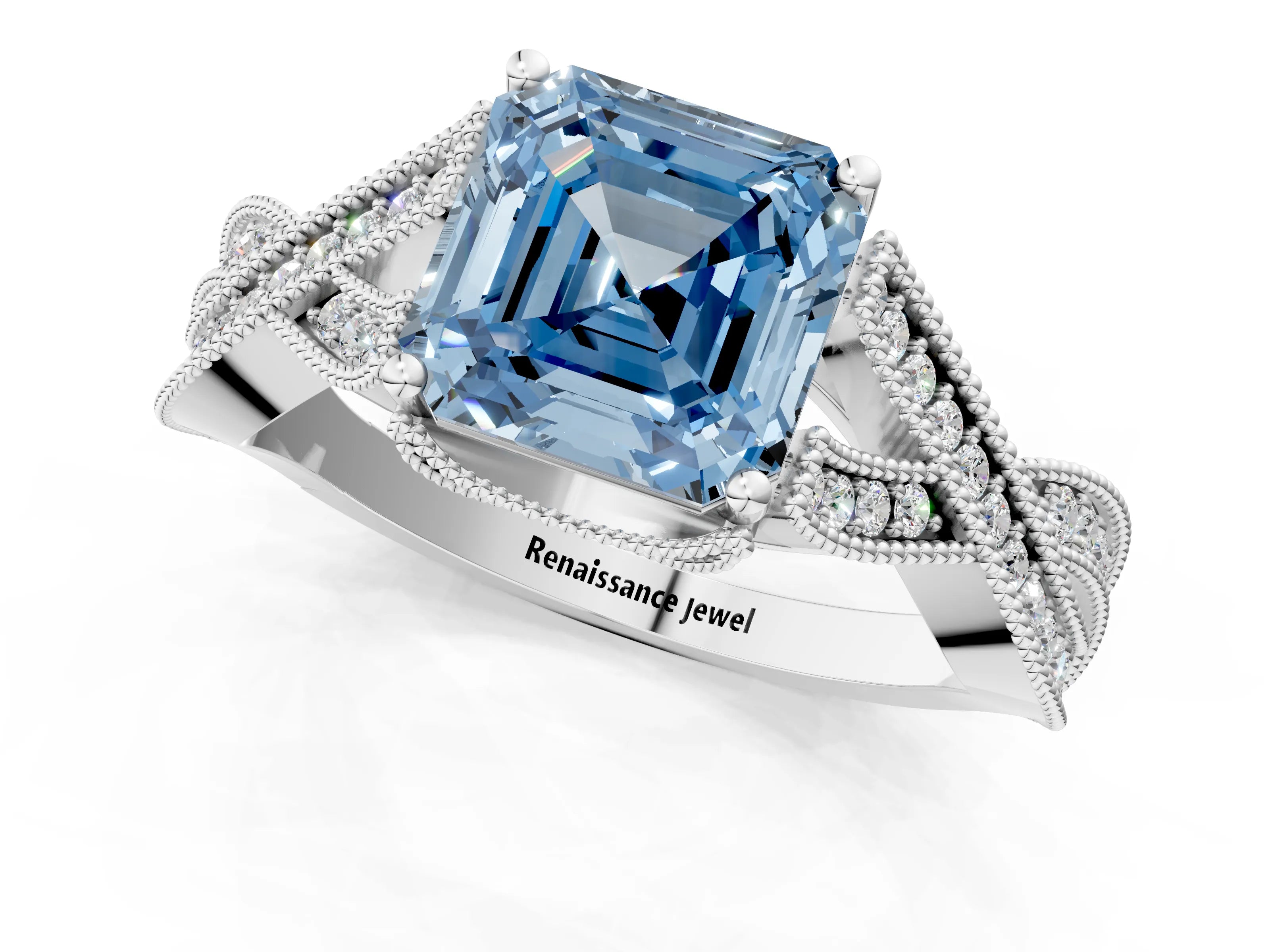 White gold Fancy Blue Asscher Cut Cut Diamond Twisted Band with Milgrain Pave Setting and Four-Prong Setting_1
