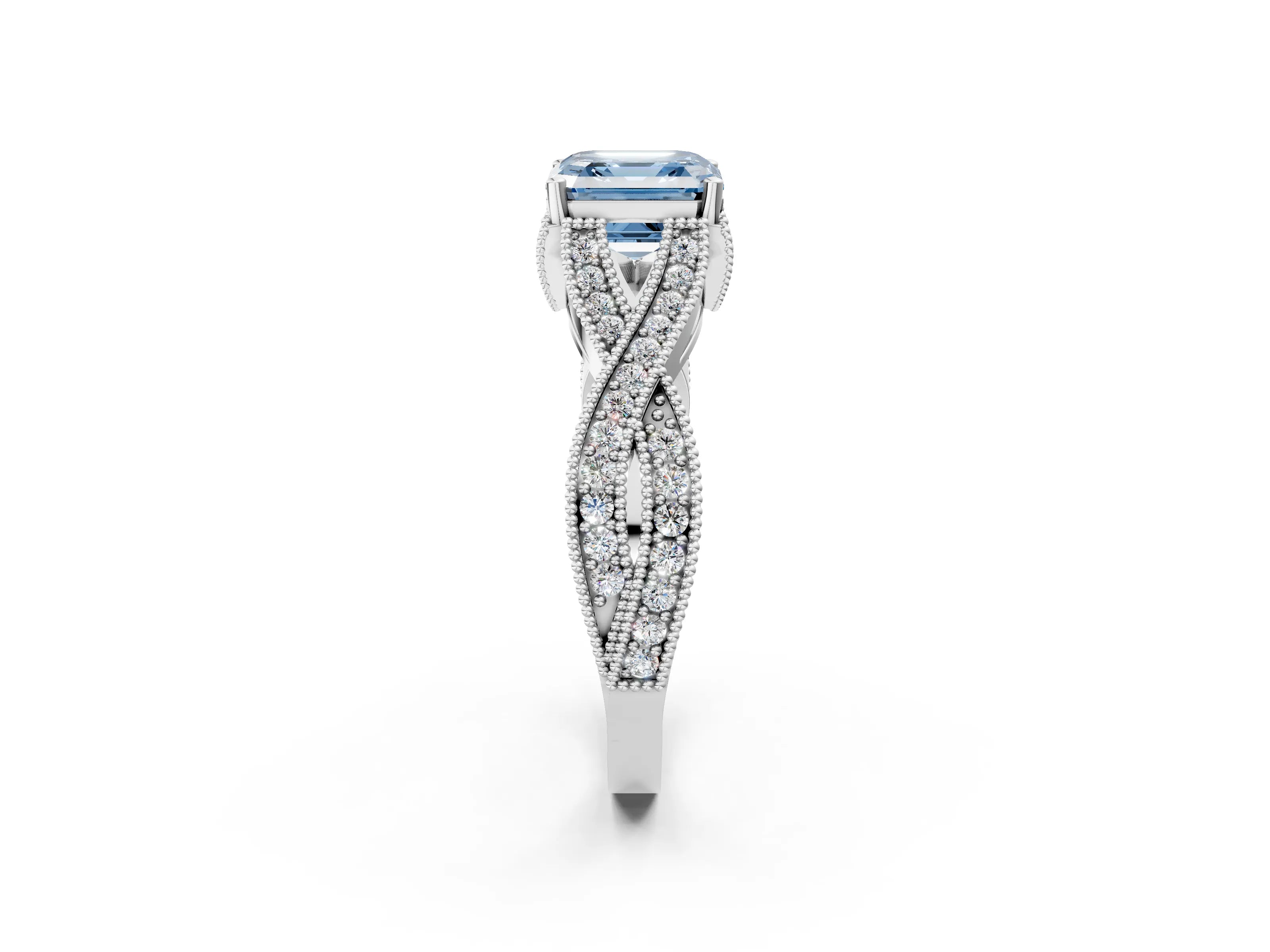White gold Fancy Blue Asscher Cut Cut Diamond Twisted Band with Milgrain Pave Setting and Four-Prong Setting_2