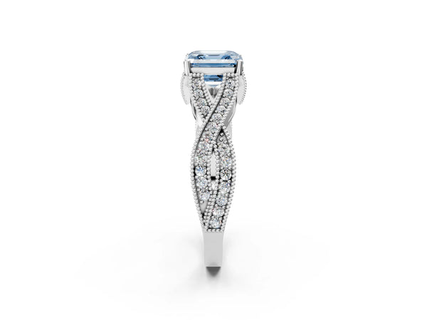 Platinum Fancy Blue Asscher Cut Cut Diamond Twisted Band with Milgrain Pave Setting and Four-Prong Setting