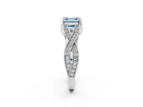 White gold Fancy Blue Asscher Cut Cut Diamond Twisted Band with Milgrain Pave Setting and Four-Prong Setting_2