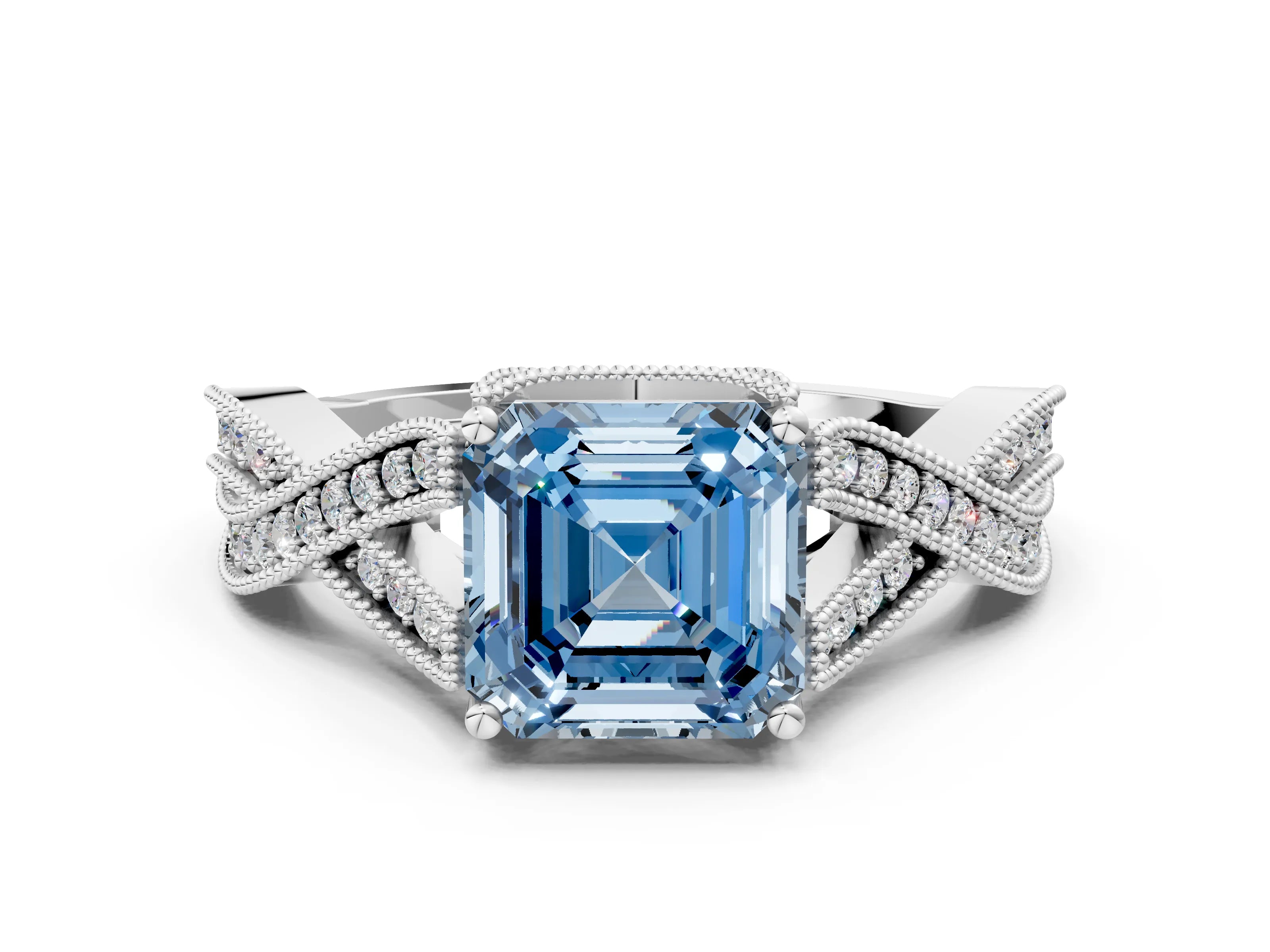 White gold Fancy Blue Asscher Cut Cut Diamond Twisted Band with Milgrain Pave Setting and Four-Prong Setting