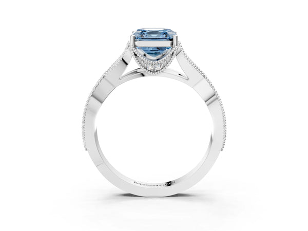 Platinum Fancy Blue Asscher Cut Cut Diamond Twisted Band with Milgrain Pave Setting and Four-Prong Setting