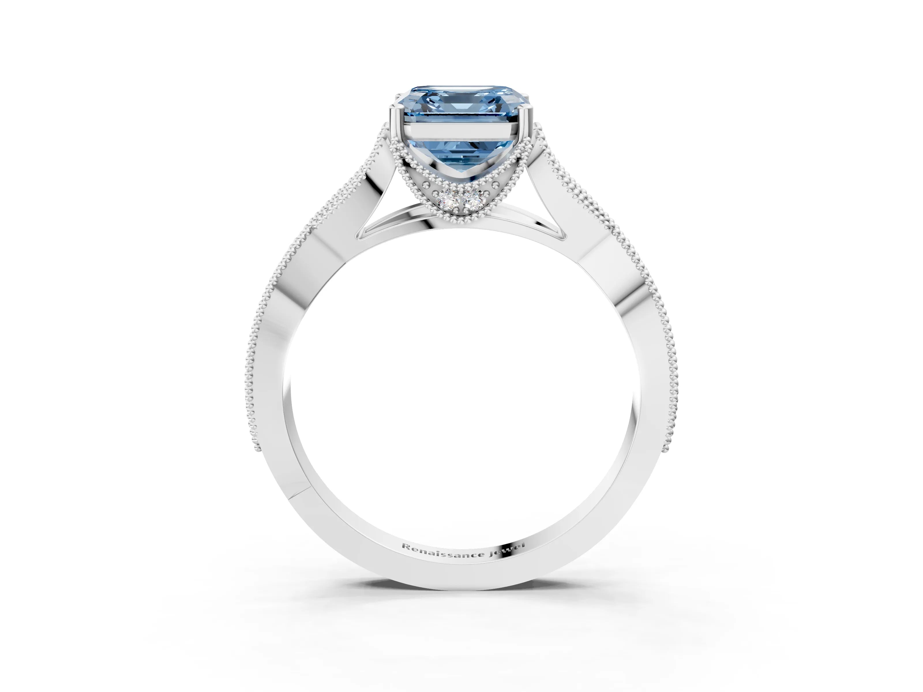 White gold Fancy Blue Asscher Cut Cut Diamond Twisted Band with Milgrain Pave Setting and Four-Prong Setting_3