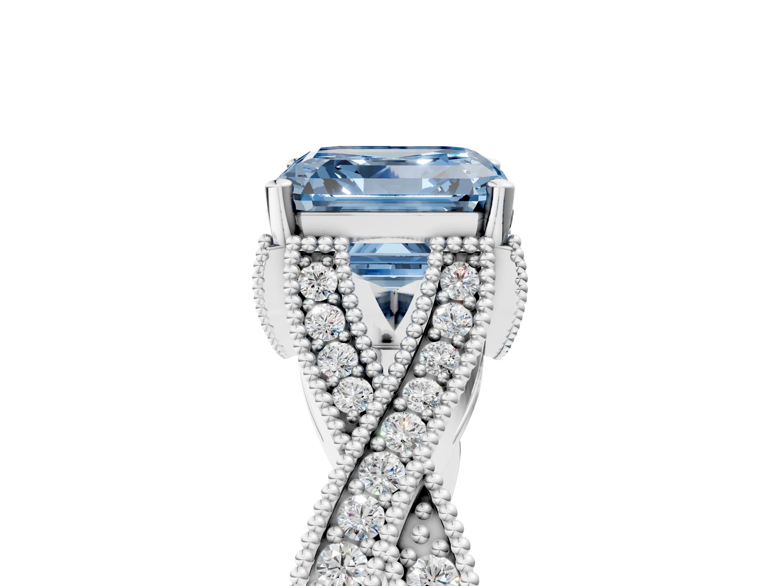 White gold Fancy Blue Asscher Cut Cut Diamond Twisted Band with Milgrain Pave Setting and Four-Prong Setting_5