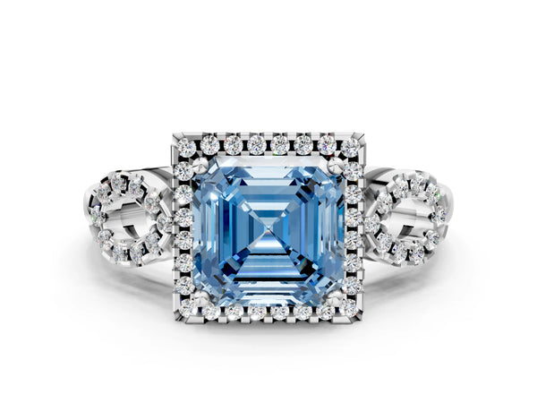 White Gold Asscher Cut Pave Infinity Halo Engagement Ring Setting for Fancy Blue Center