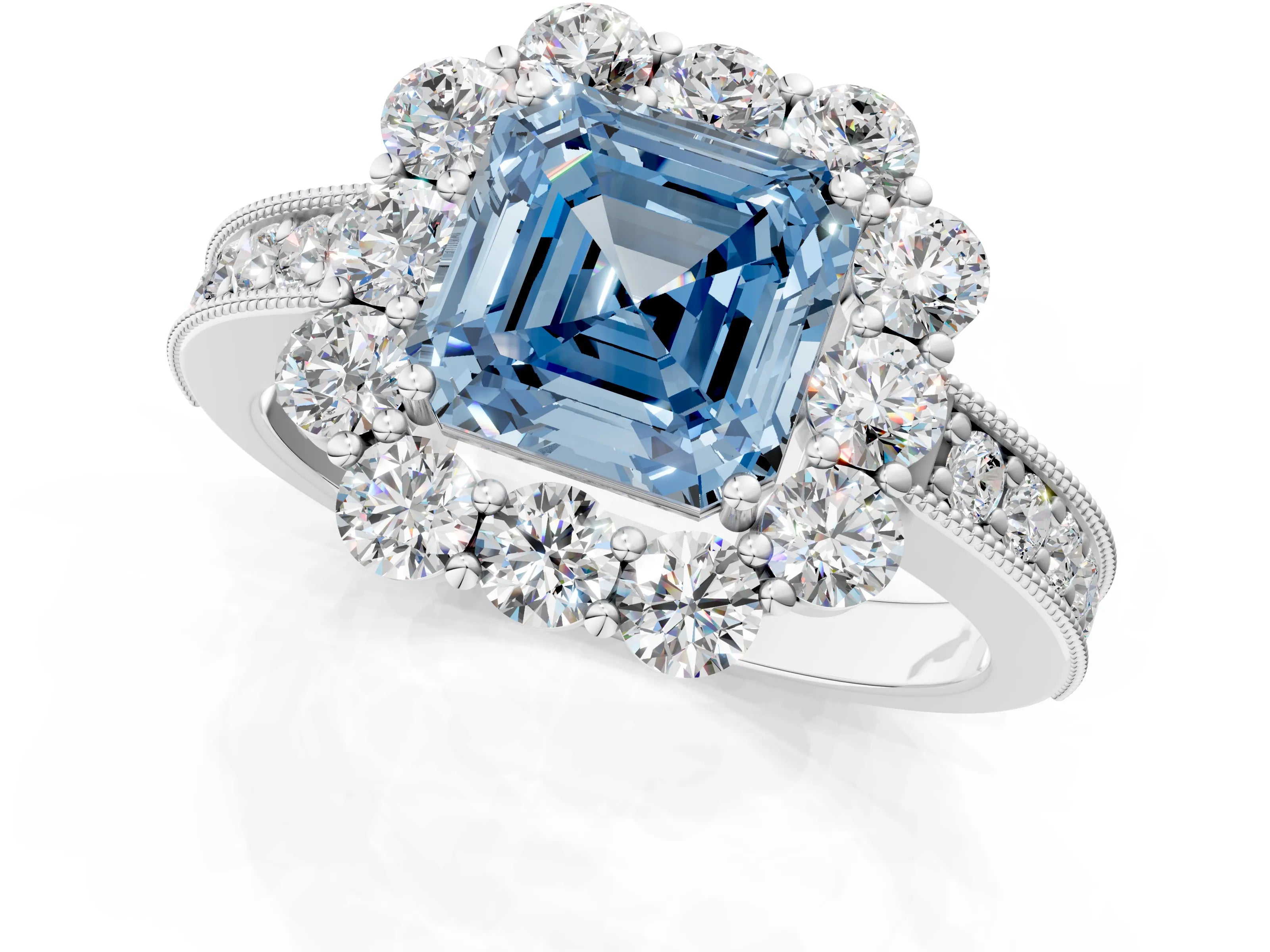 White gold Fancy Blue Asscher Cut Cut Halo Diamond Pavé Engagement Ring with Milgrain Detailing_13