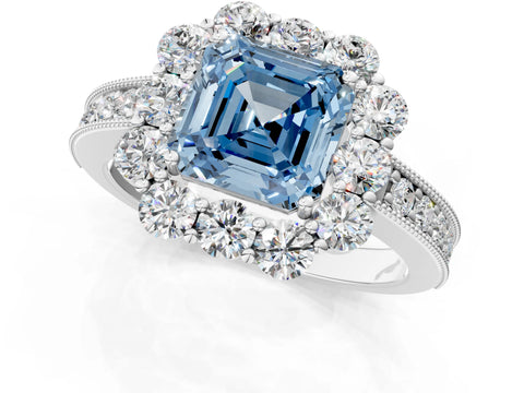 White gold Fancy Blue Asscher Cut Cut Halo Diamond Pavé Engagement Ring with Milgrain Detailing_13