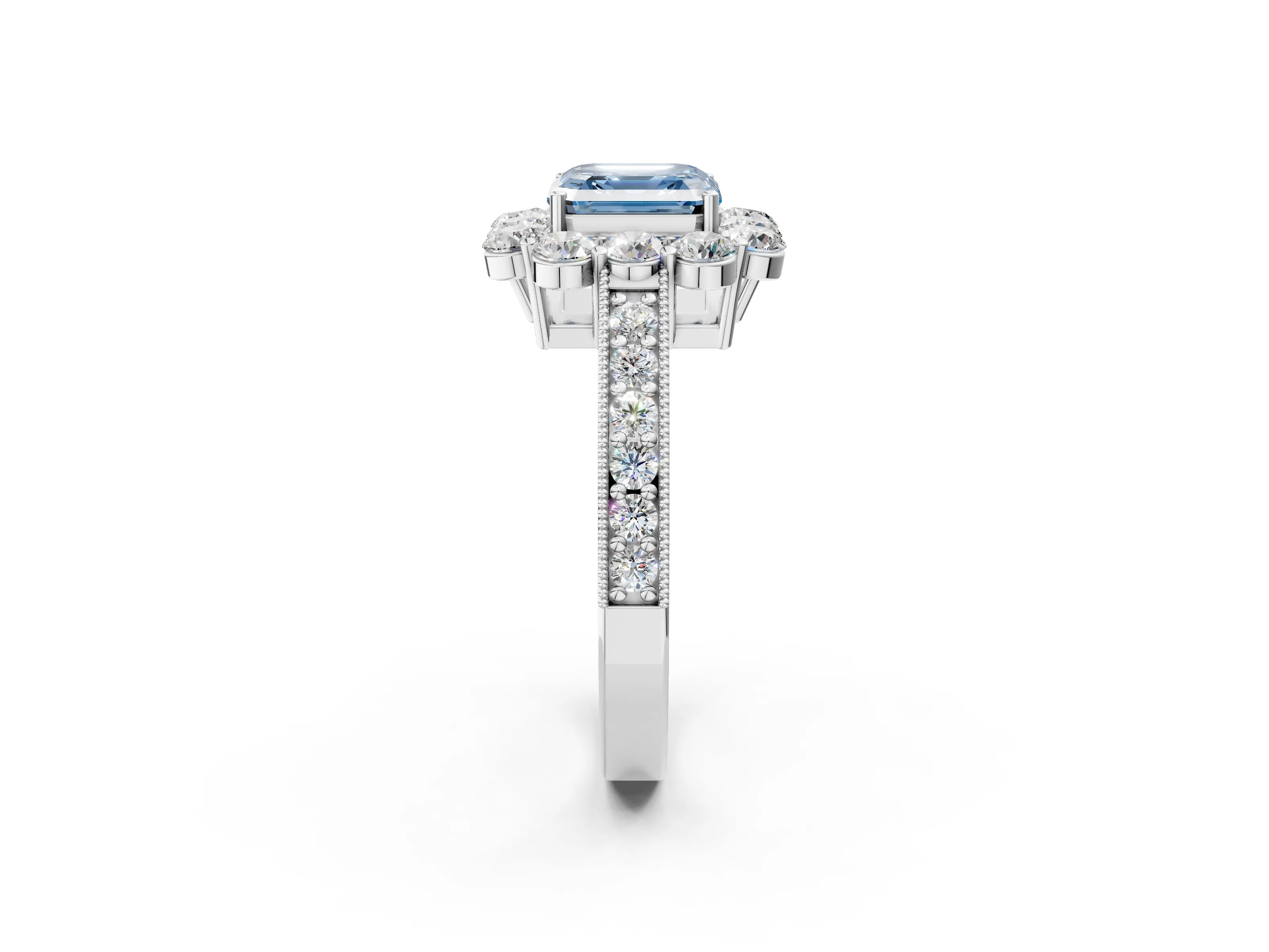 White gold Fancy Blue Asscher Cut Cut Halo Diamond Pavé Engagement Ring with Milgrain Detailing_14