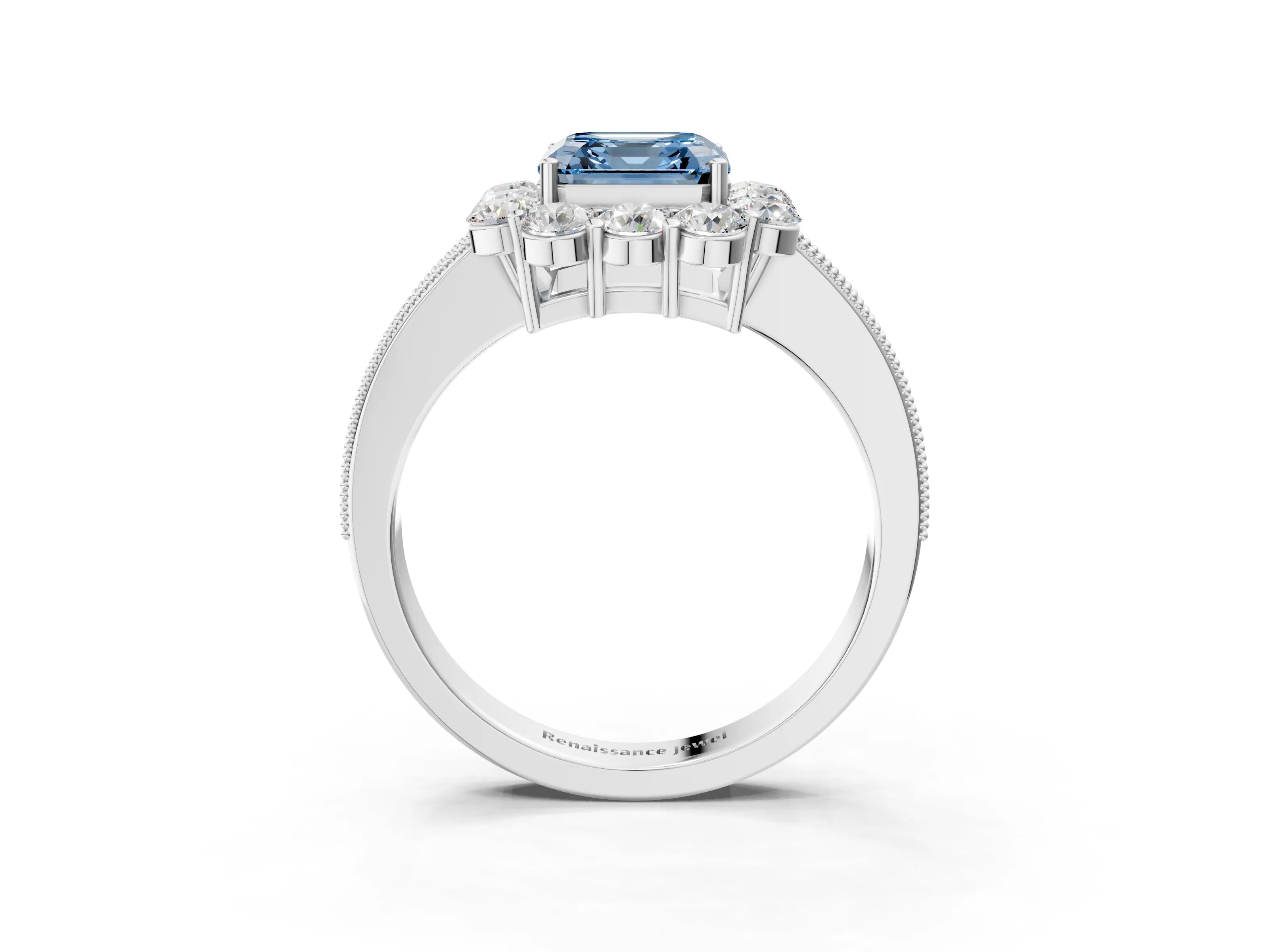 White gold Fancy Blue Asscher Cut Cut Halo Diamond Pavé Engagement Ring with Milgrain Detailing_15