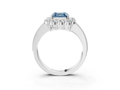 White gold Fancy Blue Asscher Cut Cut Halo Diamond Pavé Engagement Ring with Milgrain Detailing_15