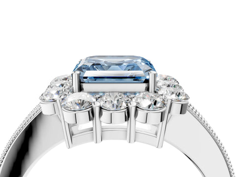 White gold Fancy Blue Asscher Cut Cut Halo Diamond Pavé Engagement Ring with Milgrain Detailing_16