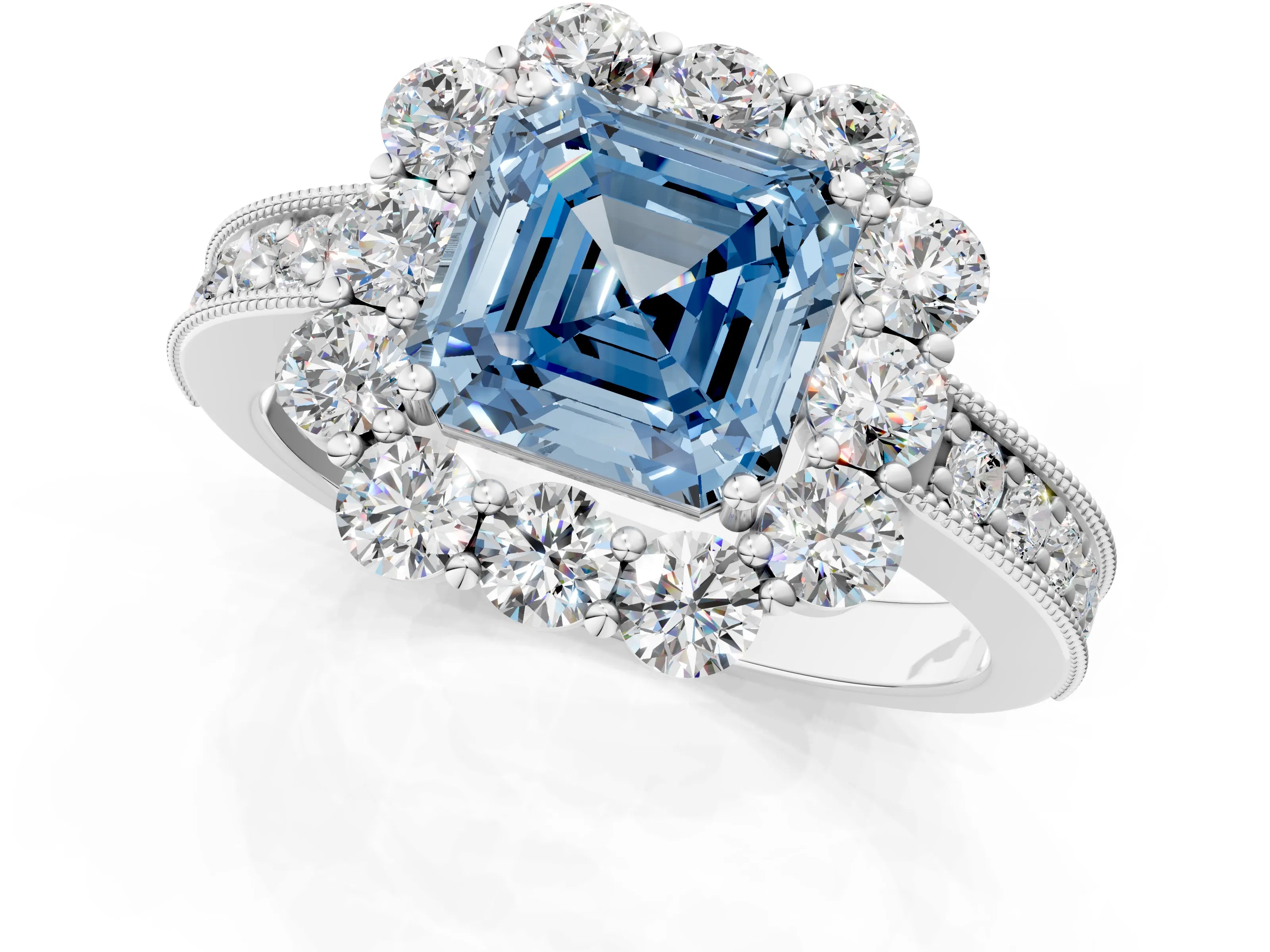 White gold Fancy Blue Asscher Cut Cut Halo Diamond Pavé Engagement Ring with Milgrain Detailing_1