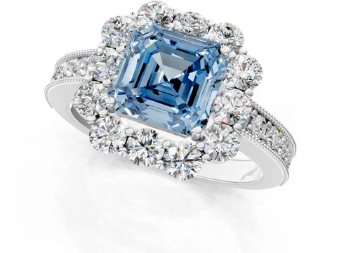White gold Fancy Blue Asscher Cut Cut Halo Diamond Pavé Engagement Ring with Milgrain Detailing_1