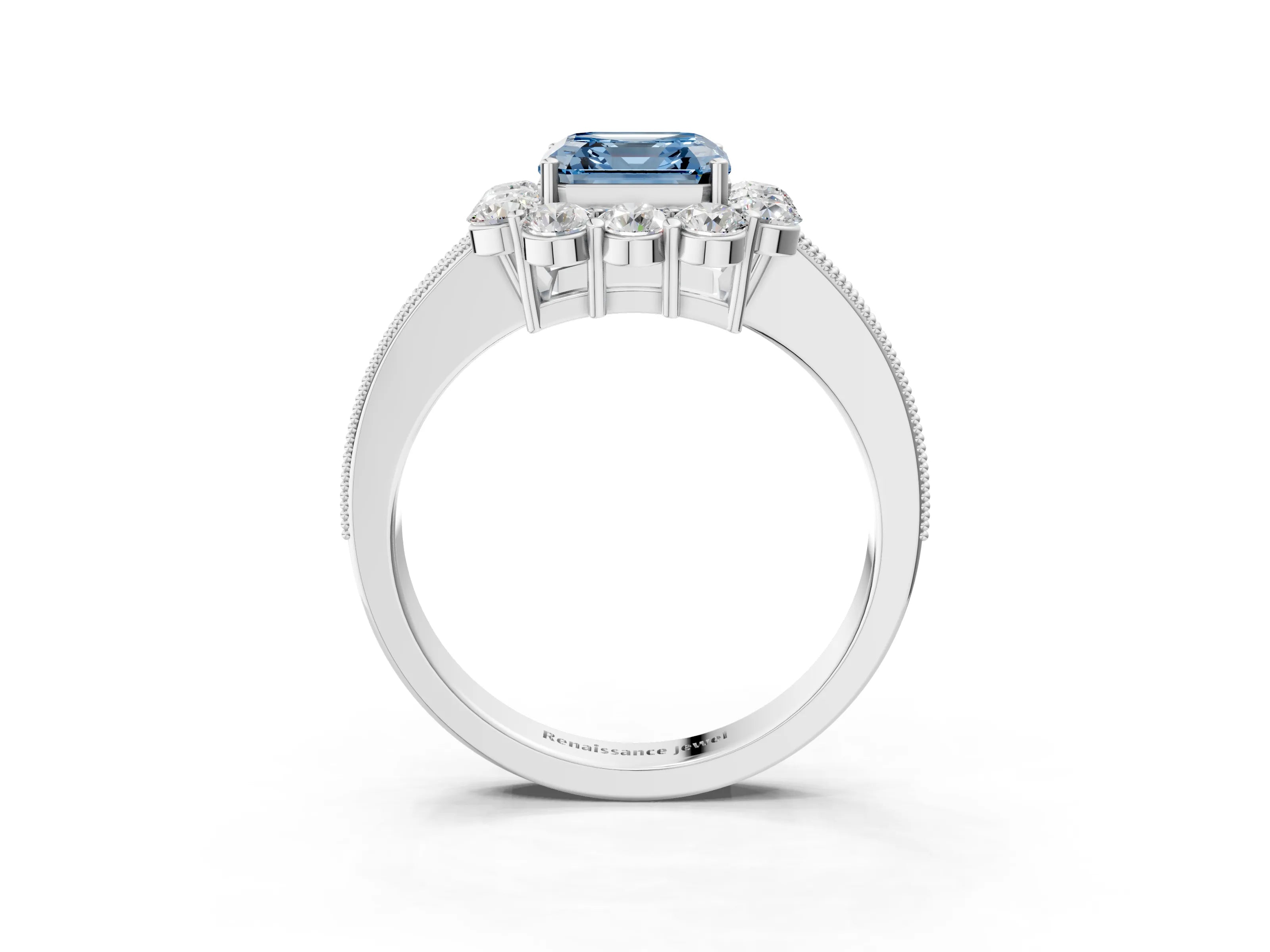 White gold Fancy Blue Asscher Cut Cut Halo Diamond Pavé Engagement Ring with Milgrain Detailing_3