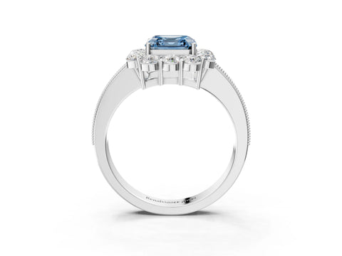White gold Fancy Blue Asscher Cut Cut Halo Diamond Pavé Engagement Ring with Milgrain Detailing_3