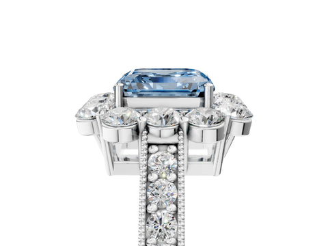 White gold Fancy Blue Asscher Cut Cut Halo Diamond Pavé Engagement Ring with Milgrain Detailing_5