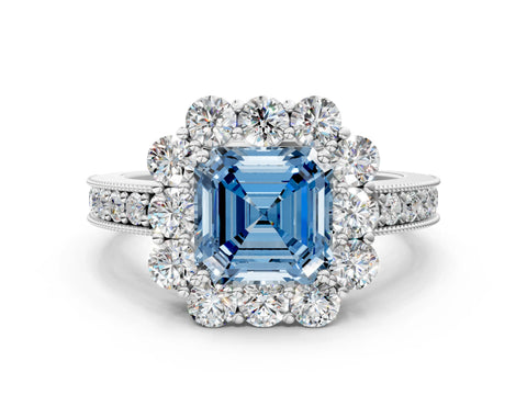 White gold Fancy Blue Asscher Cut Cut Halo Diamond Pavé Engagement Ring with Milgrain Detailing