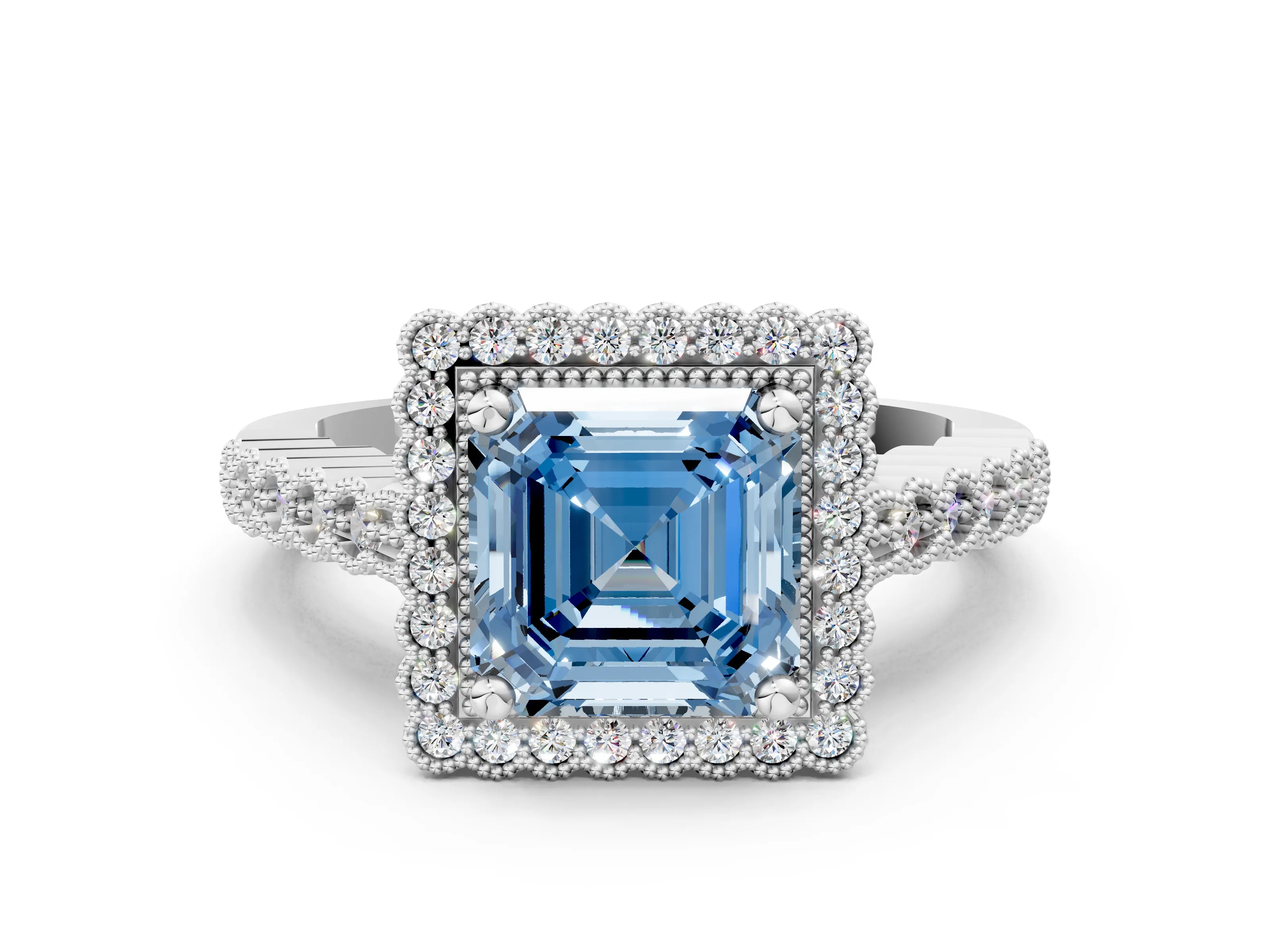 White gold Fancy Blue Asscher Cut Cut Halo Pavé Solitaire Ring with Milgrain Band_12