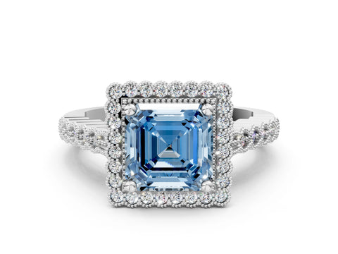 White gold Fancy Blue Asscher Cut Cut Halo Pavé Solitaire Ring with Milgrain Band_12