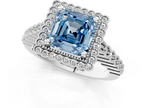 White gold Fancy Blue Asscher Cut Cut Halo Pavé Solitaire Ring with Milgrain Band_13