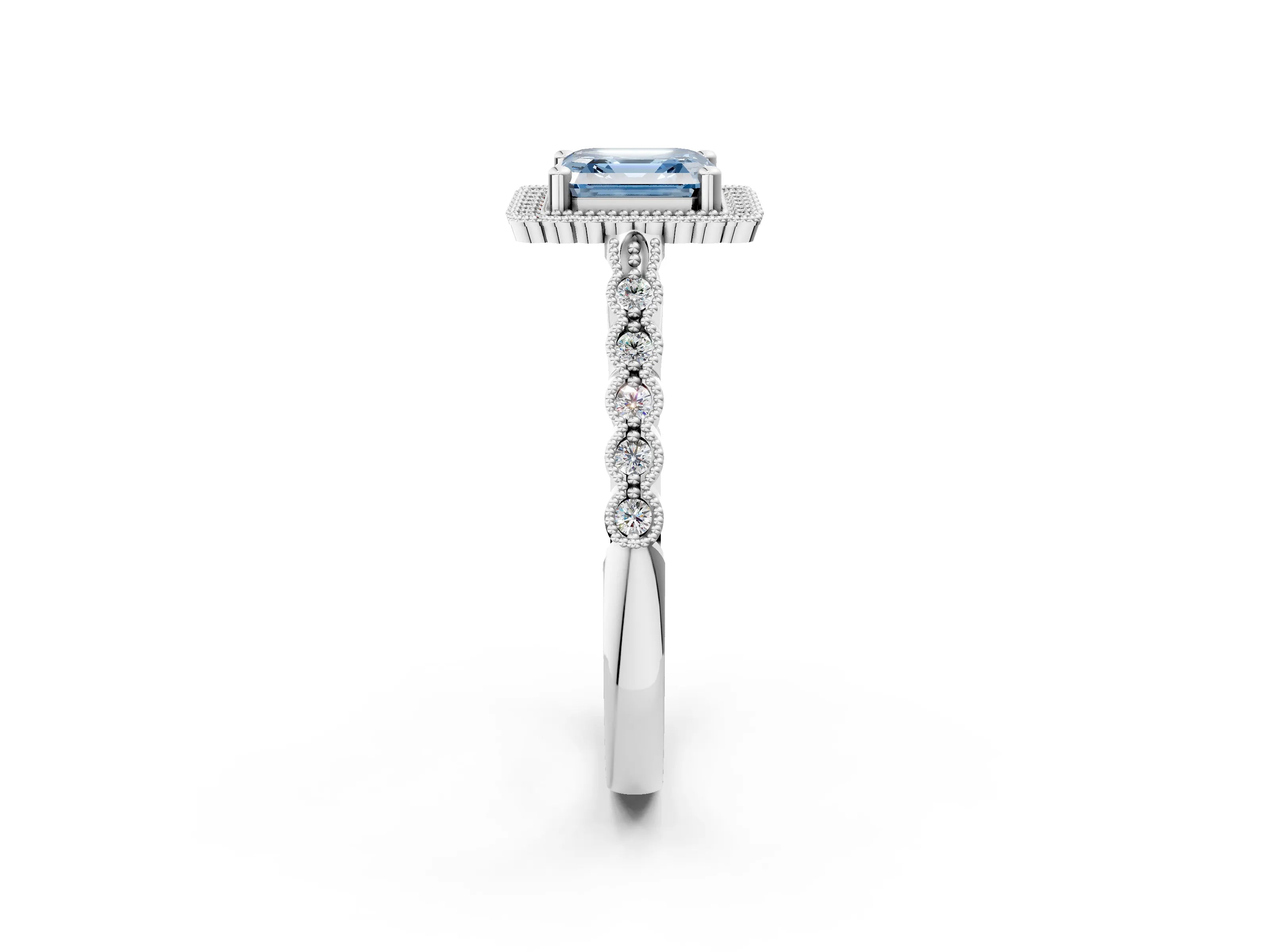 White gold Fancy Blue Asscher Cut Cut Halo Pavé Solitaire Ring with Milgrain Band_14