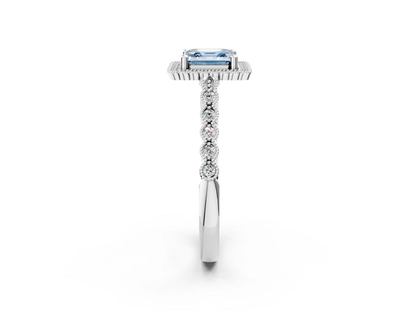Platinum Fancy Blue Asscher Cut Cut Halo Pavé Solitaire Ring with Milgrain Band