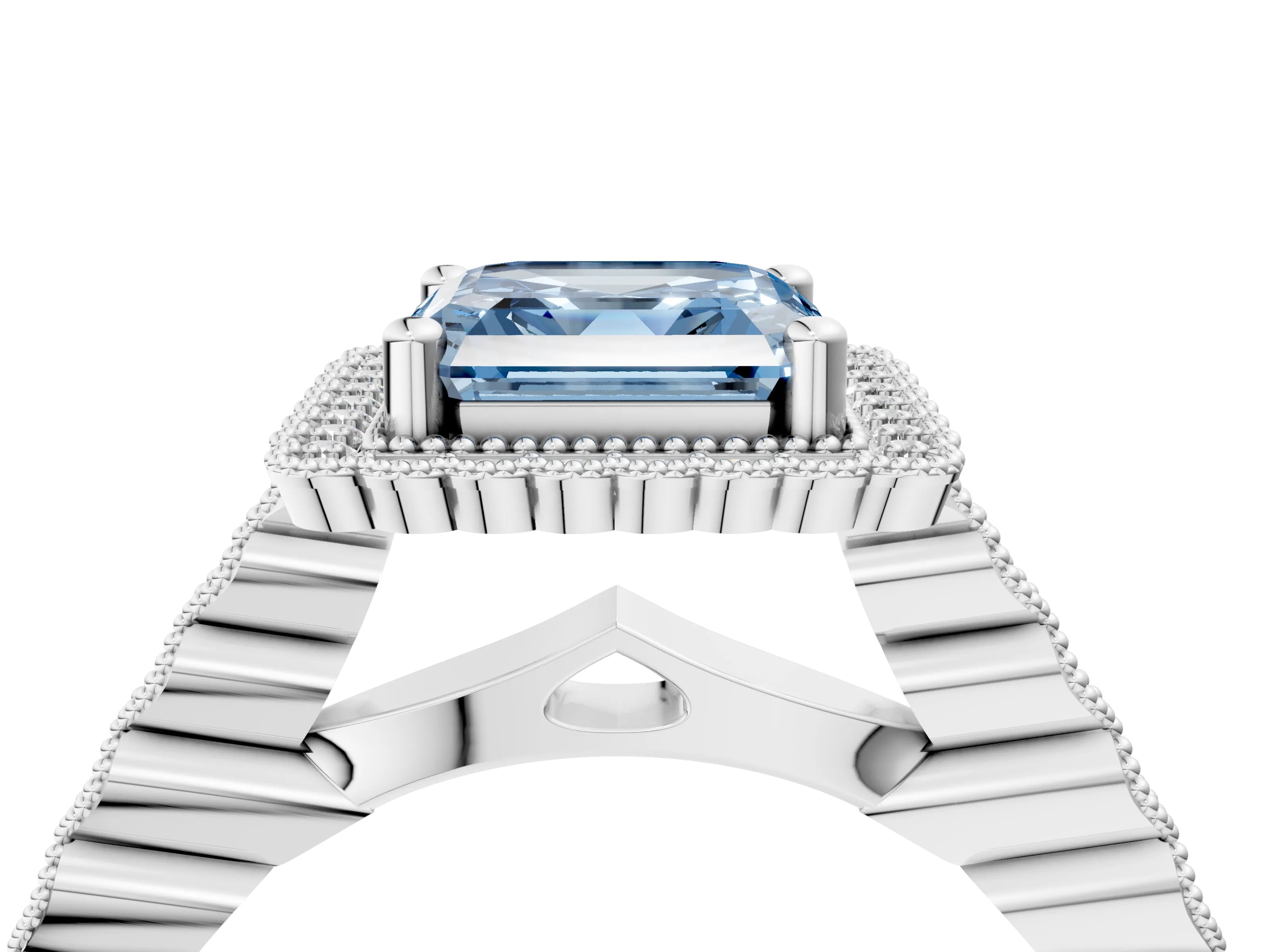 White gold Fancy Blue Asscher Cut Cut Halo Pavé Solitaire Ring with Milgrain Band_16