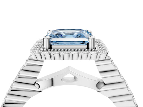 White gold Fancy Blue Asscher Cut Cut Halo Pavé Solitaire Ring with Milgrain Band_16