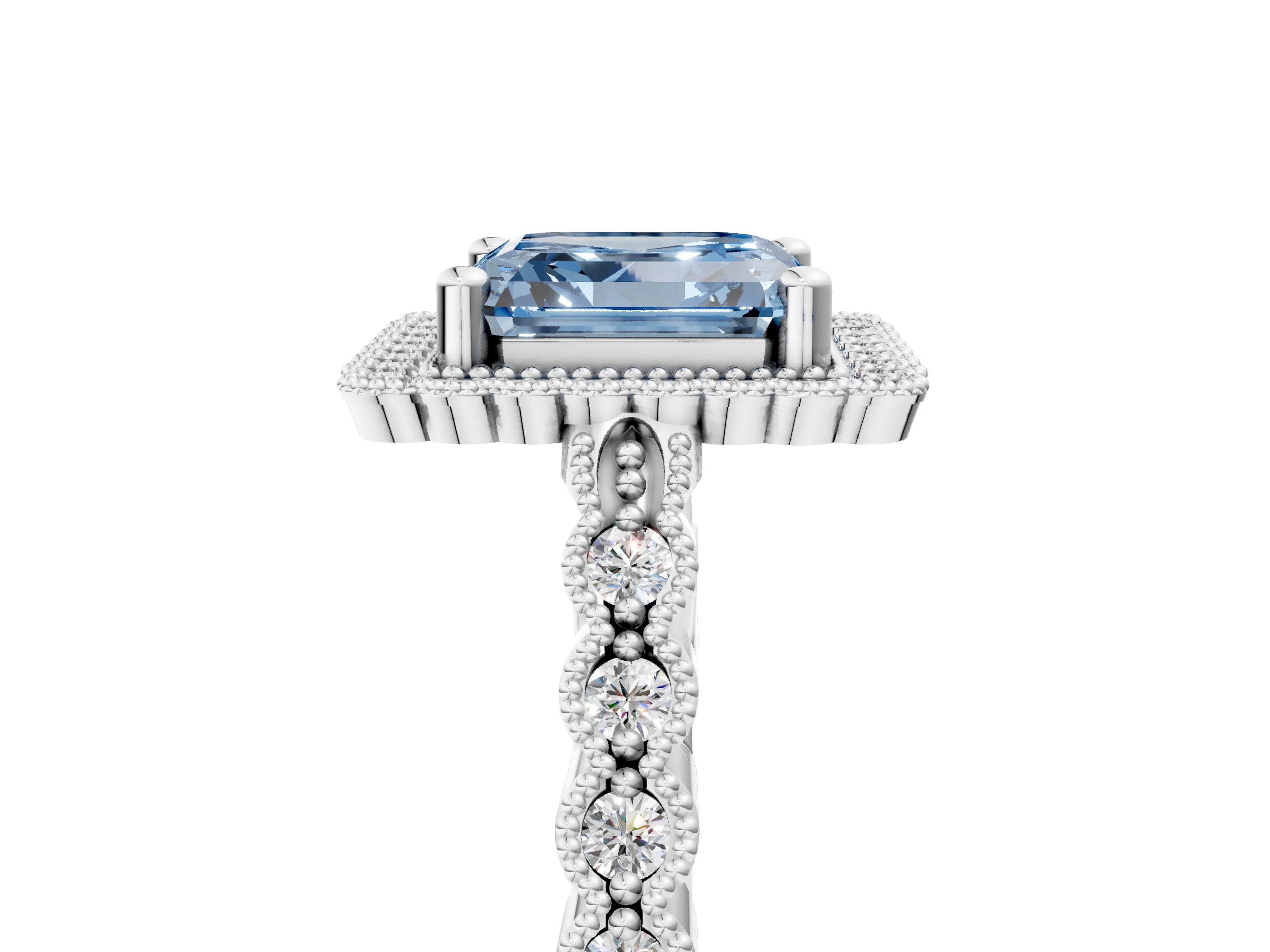 White gold Fancy Blue Asscher Cut Cut Halo Pavé Solitaire Ring with Milgrain Band_17