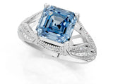 White gold Fancy Blue Asscher Cut Cut Milgrain Pave Diamond Engagement Ring with Four-Prong Setting_16