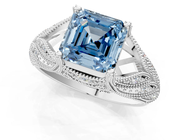 Platinum Fancy Blue Asscher Cut Cut Milgrain Pave Diamond Engagement Ring with Four-Prong Setting