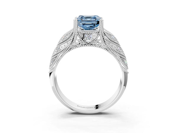 Platinum Fancy Blue Asscher Cut Cut Milgrain Pave Diamond Engagement Ring with Four-Prong Setting