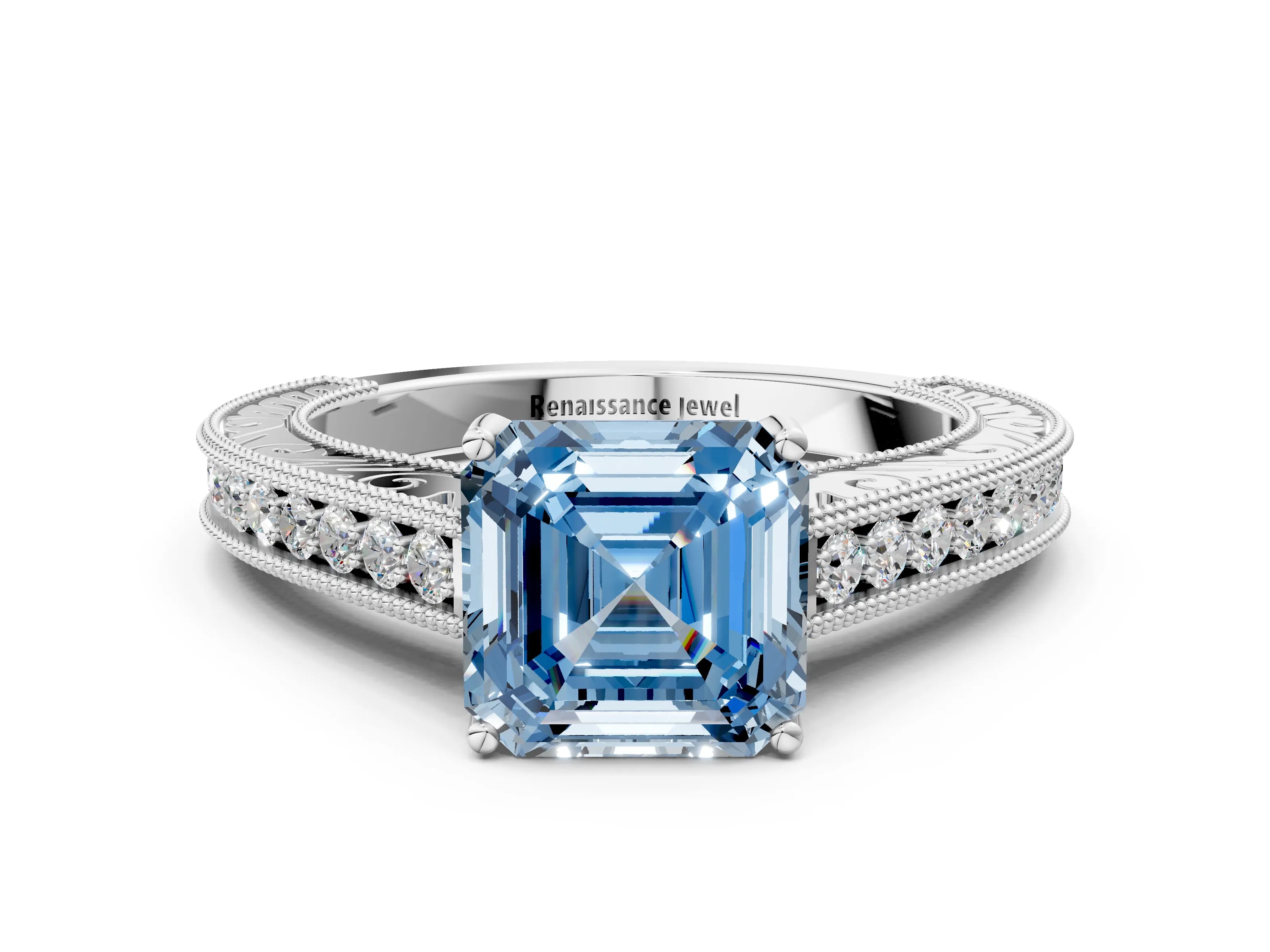 White gold Fancy Blue Asscher Cut Cut Pave Band Milgrain Solitaire Ring