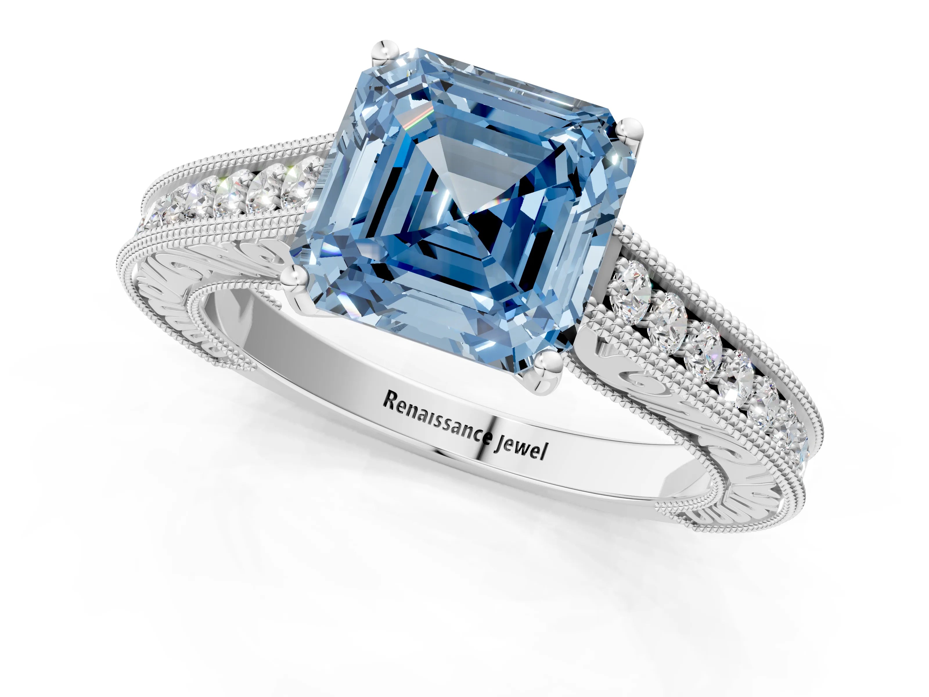 White gold Fancy Blue Asscher Cut Cut Pave Band Milgrain Solitaire Ring_1
