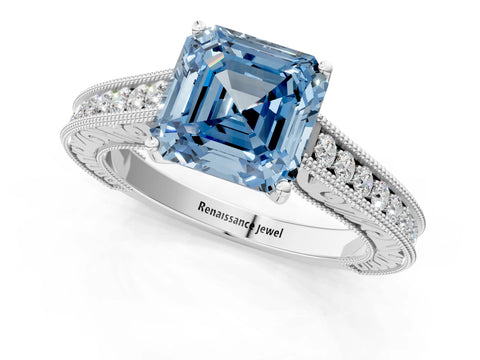 White gold Fancy Blue Asscher Cut Cut Pave Band Milgrain Solitaire Ring_1