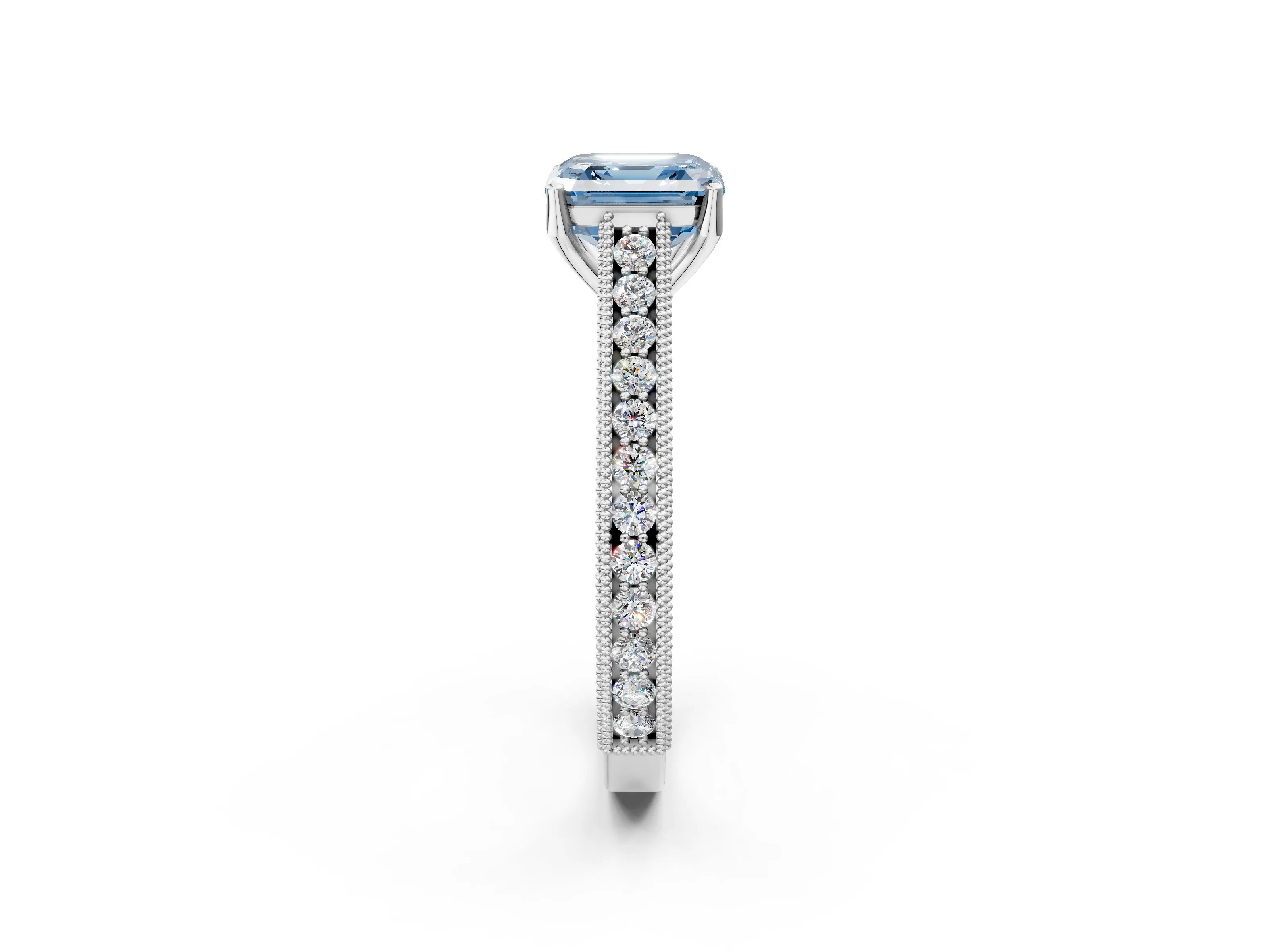 White gold Fancy Blue Asscher Cut Cut Pave Band Milgrain Solitaire Ring_2
