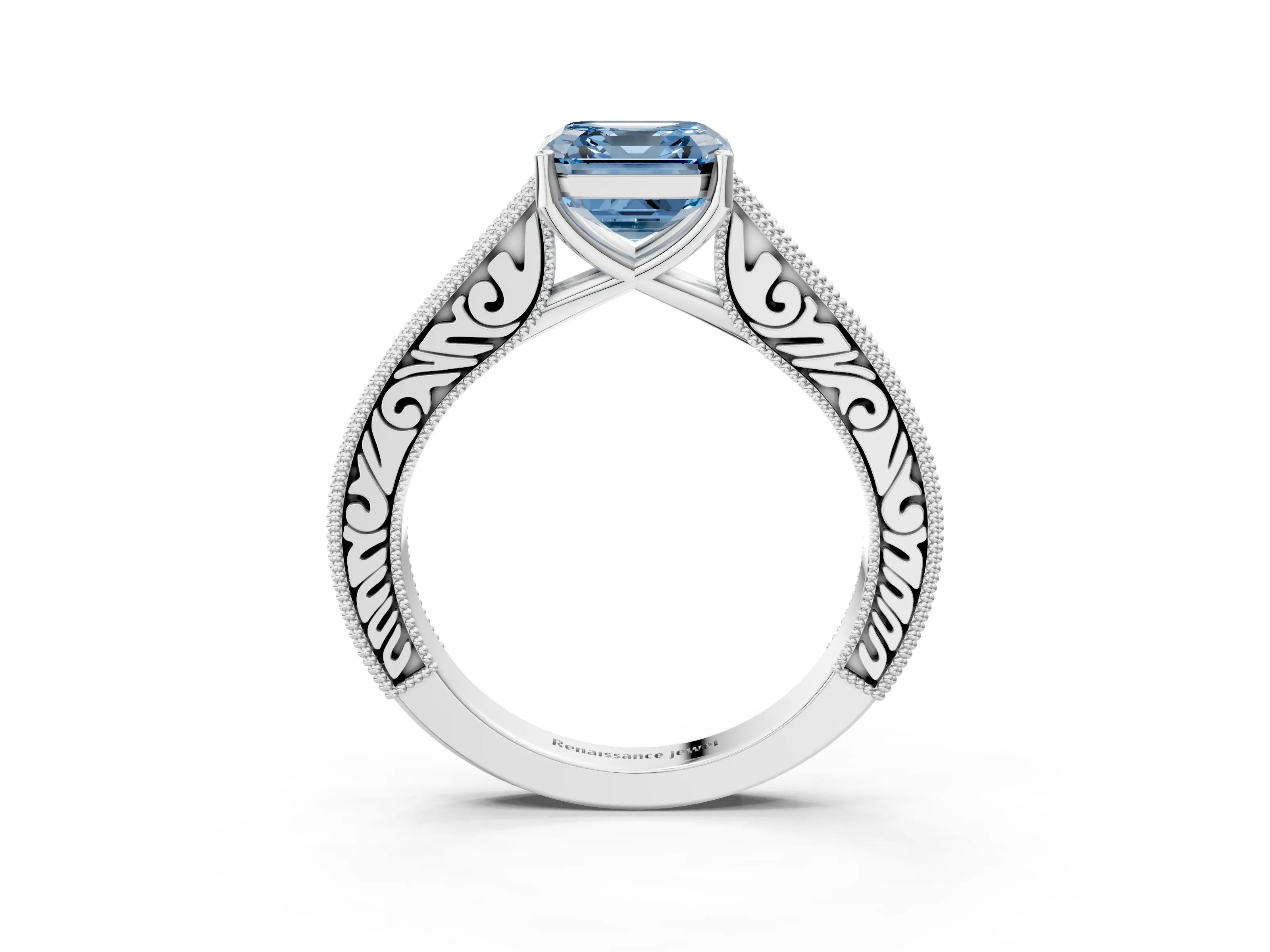 White gold Fancy Blue Asscher Cut Cut Pave Band Milgrain Solitaire Ring_3