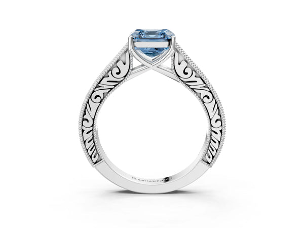 Platinum Asscher Cut Vintage Pave Engagement Ring Setting for Fancy Blue Center