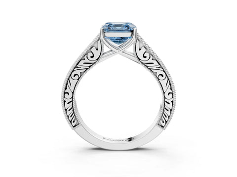White gold Fancy Blue Asscher Cut Cut Pave Band Milgrain Solitaire Ring_3
