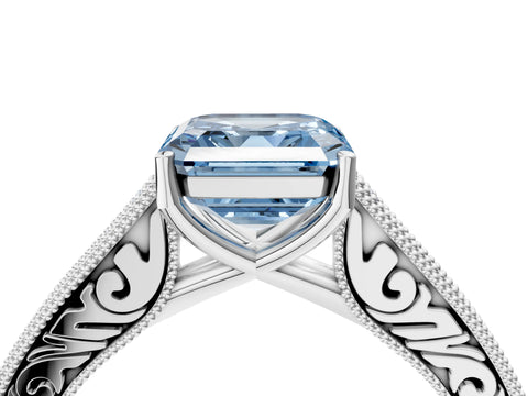 White gold Fancy Blue Asscher Cut Cut Pave Band Milgrain Solitaire Ring_4