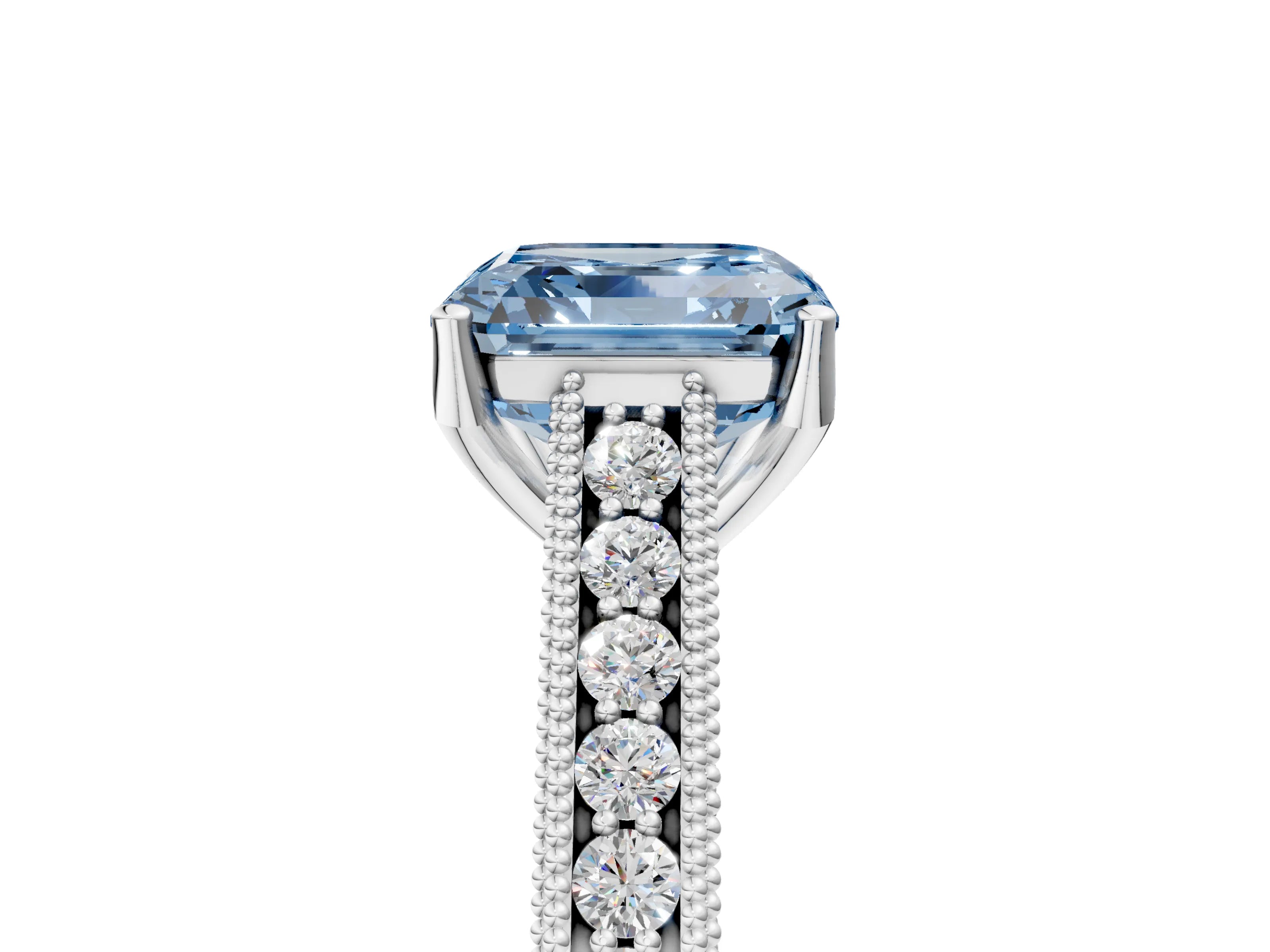 White gold Fancy Blue Asscher Cut Cut Pave Band Milgrain Solitaire Ring_5