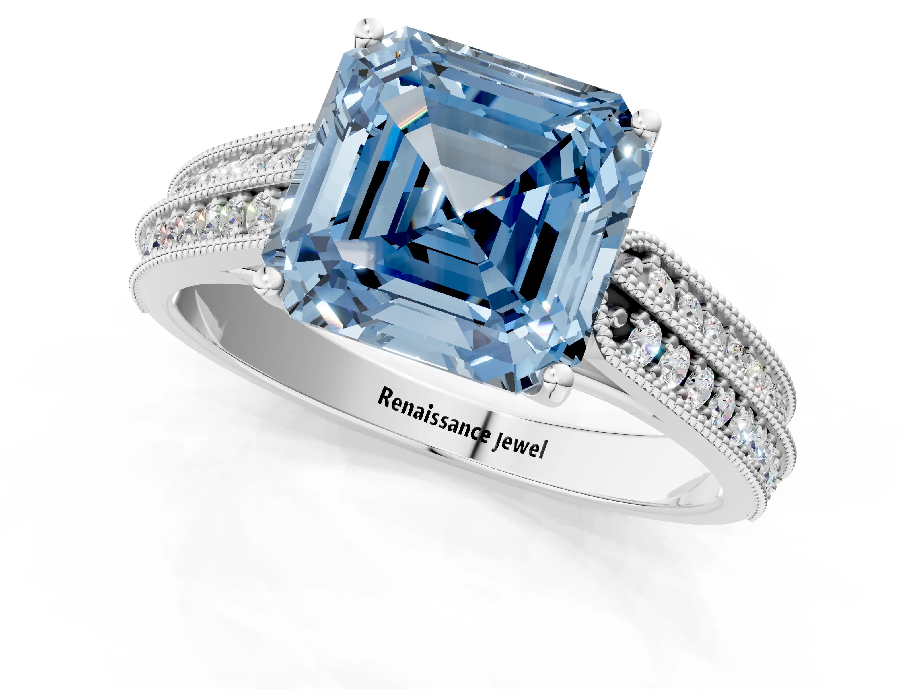 White gold Fancy Blue Asscher Cut Cut Pave Split Shank Engagement Ring with Four-Prong Setting_49