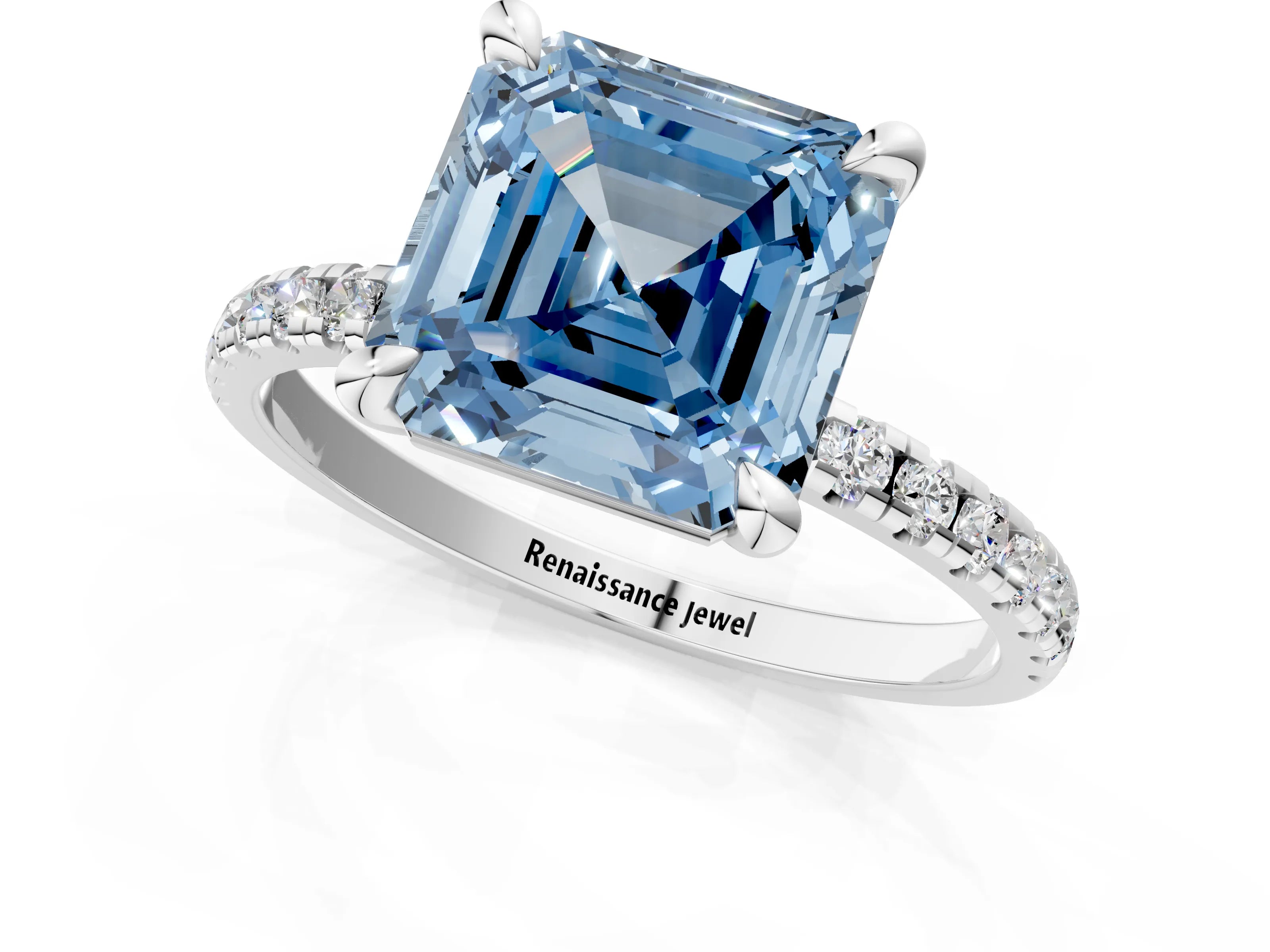 White gold Fancy Blue Asscher Cut Diamond Brilliant Solitaire Ring with Pavé Band and Four-Prong Setting_1