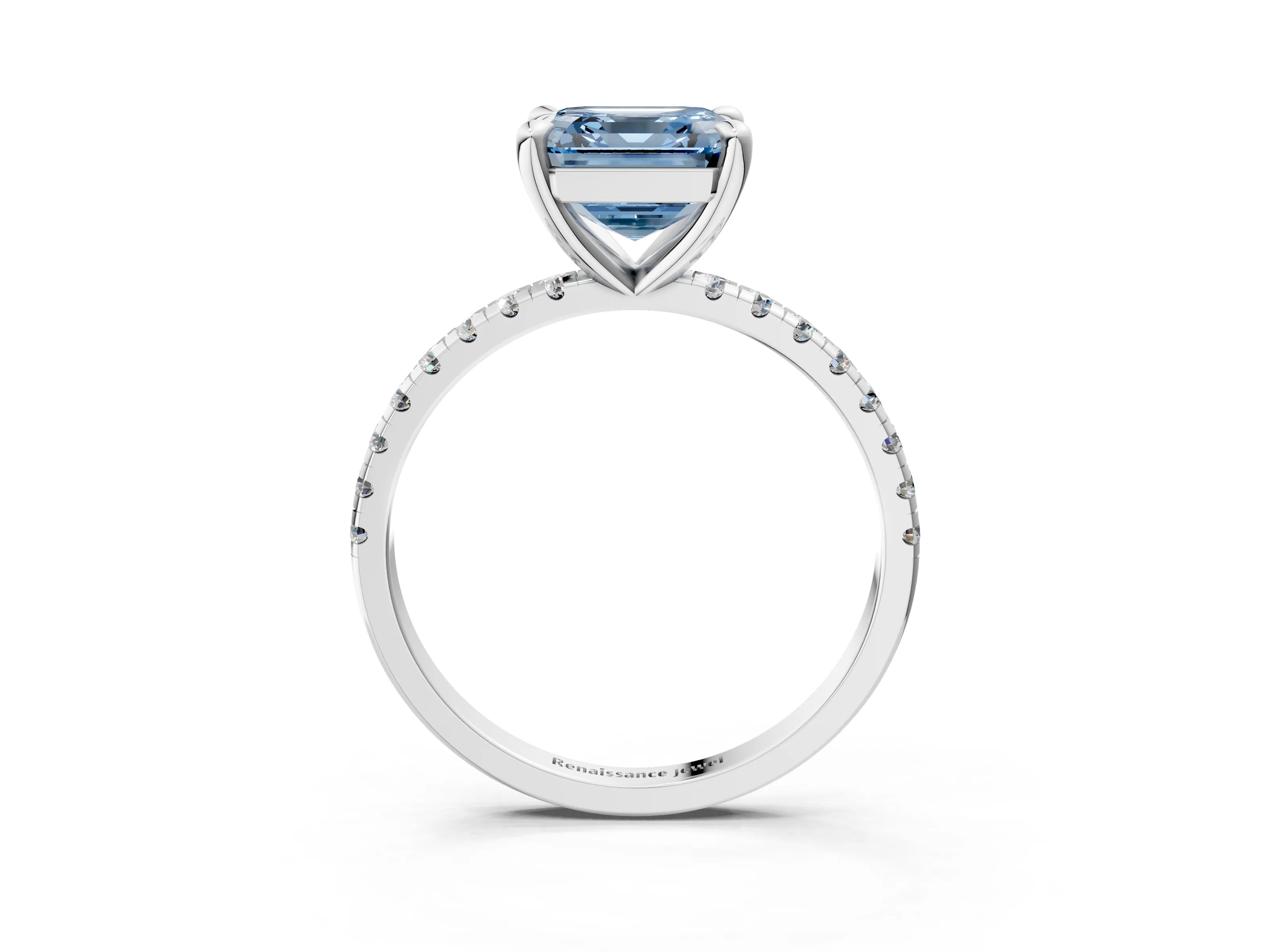 White gold Fancy Blue Asscher Cut Diamond Brilliant Solitaire Ring with Pavé Band and Four-Prong Setting_3