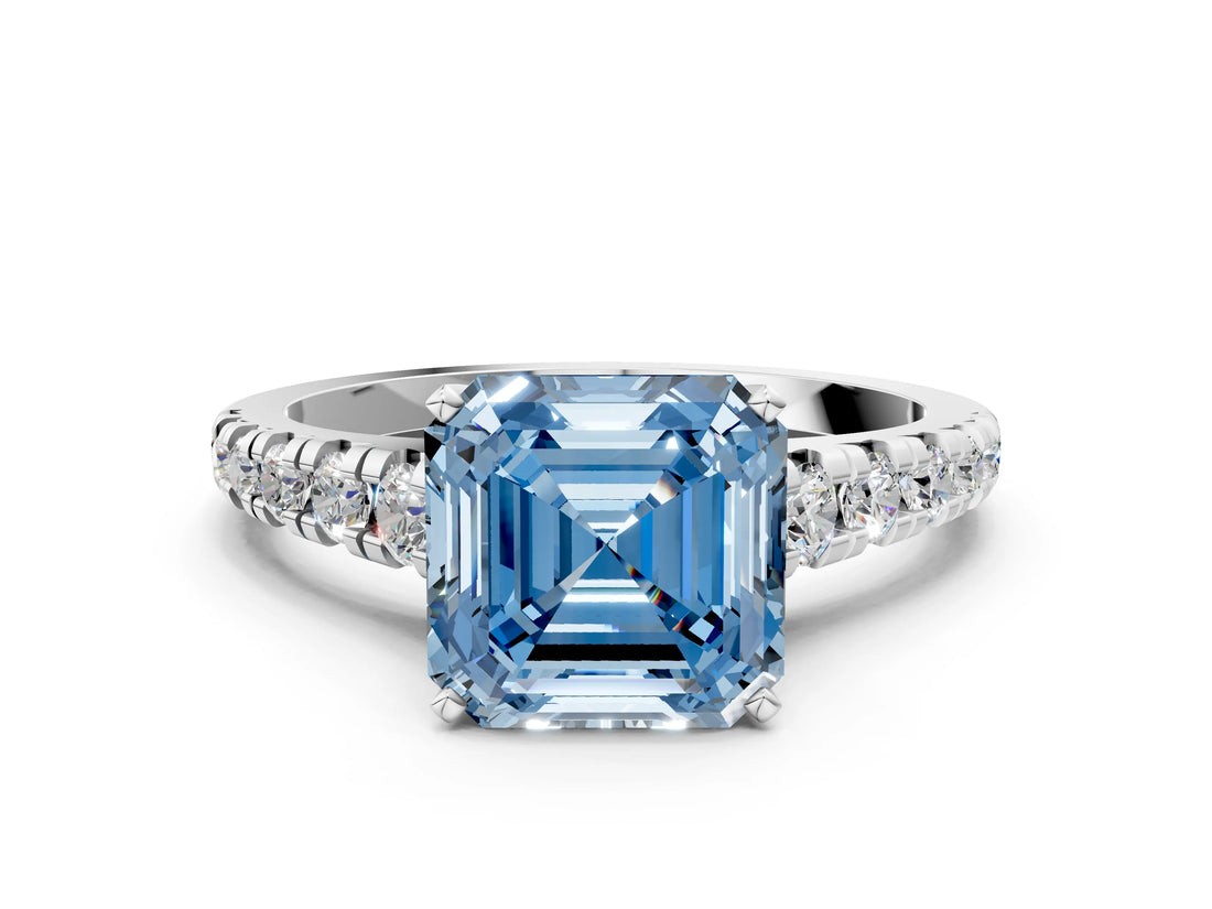 White gold Fancy Blue Asscher Cut Diamond Cathedral Solitaire Ring with Round  Pavé Band_70