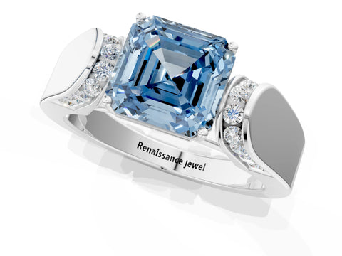 White gold Fancy Blue Asscher Cut Diamond Channel Set Solitaire Ring with Four-Prong Setting_50