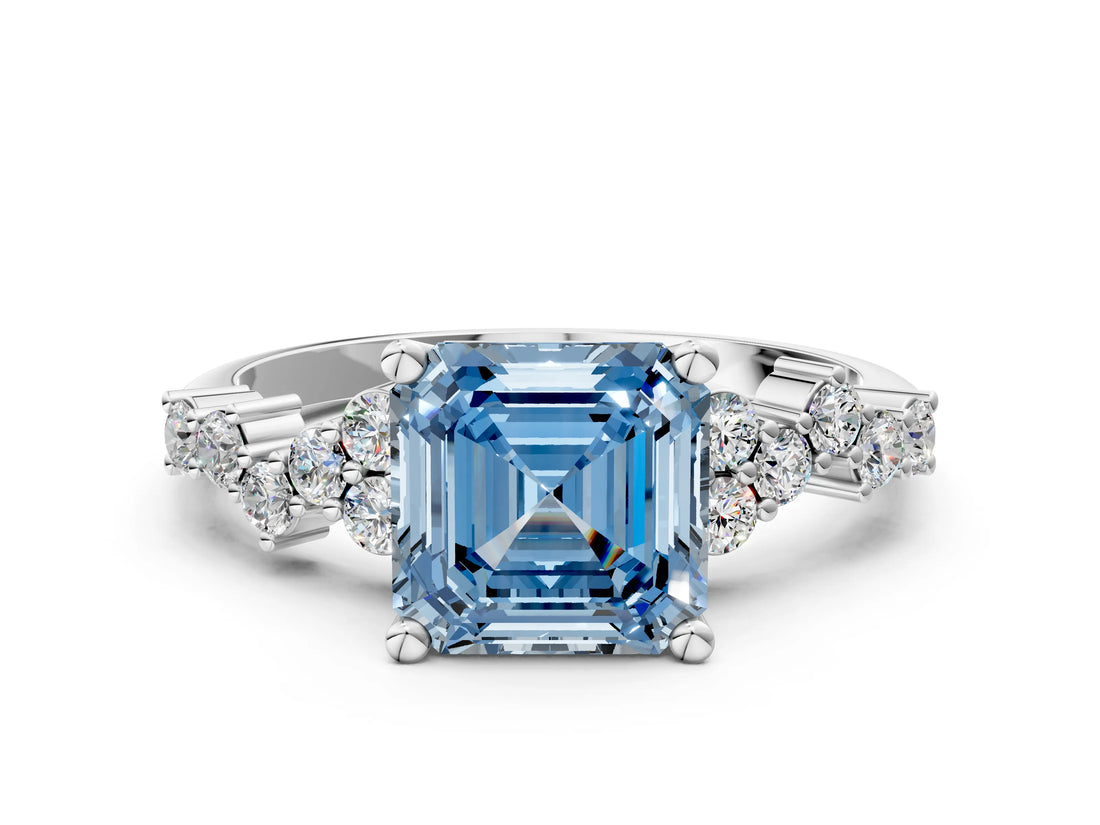 White gold Fancy Blue Asscher Cut Diamond Cluster Pavé Band with Four-Prong Setting_24