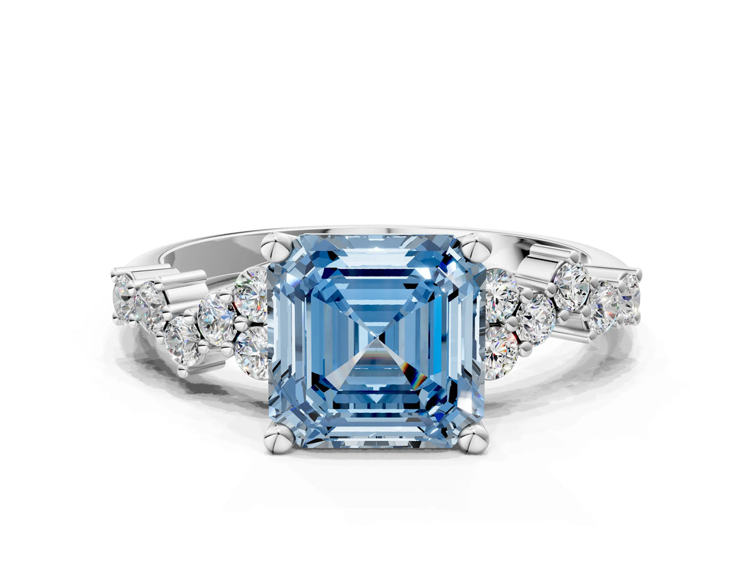 White gold Fancy Blue Asscher Cut Diamond Cluster Pavé Band with Four-Prong Setting_3