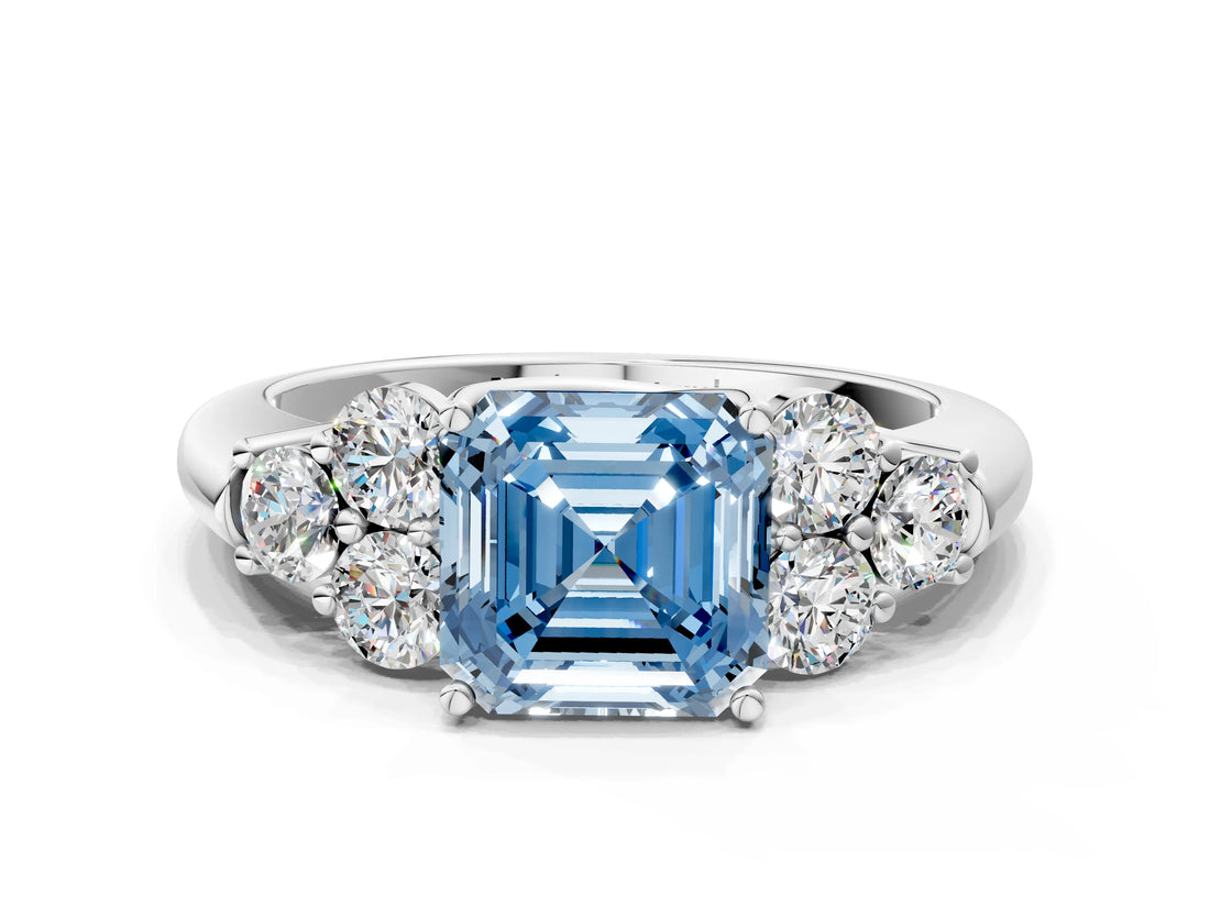 White gold Fancy Blue Asscher  Cut Diamond Cluster Ring with Round Accent Stones and Prong Setting on a Classic Band_46