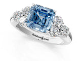 White gold Fancy Blue Asscher  Cut Diamond Cluster Ring with Round Accent Stones and Prong Setting on a Classic Band_47
